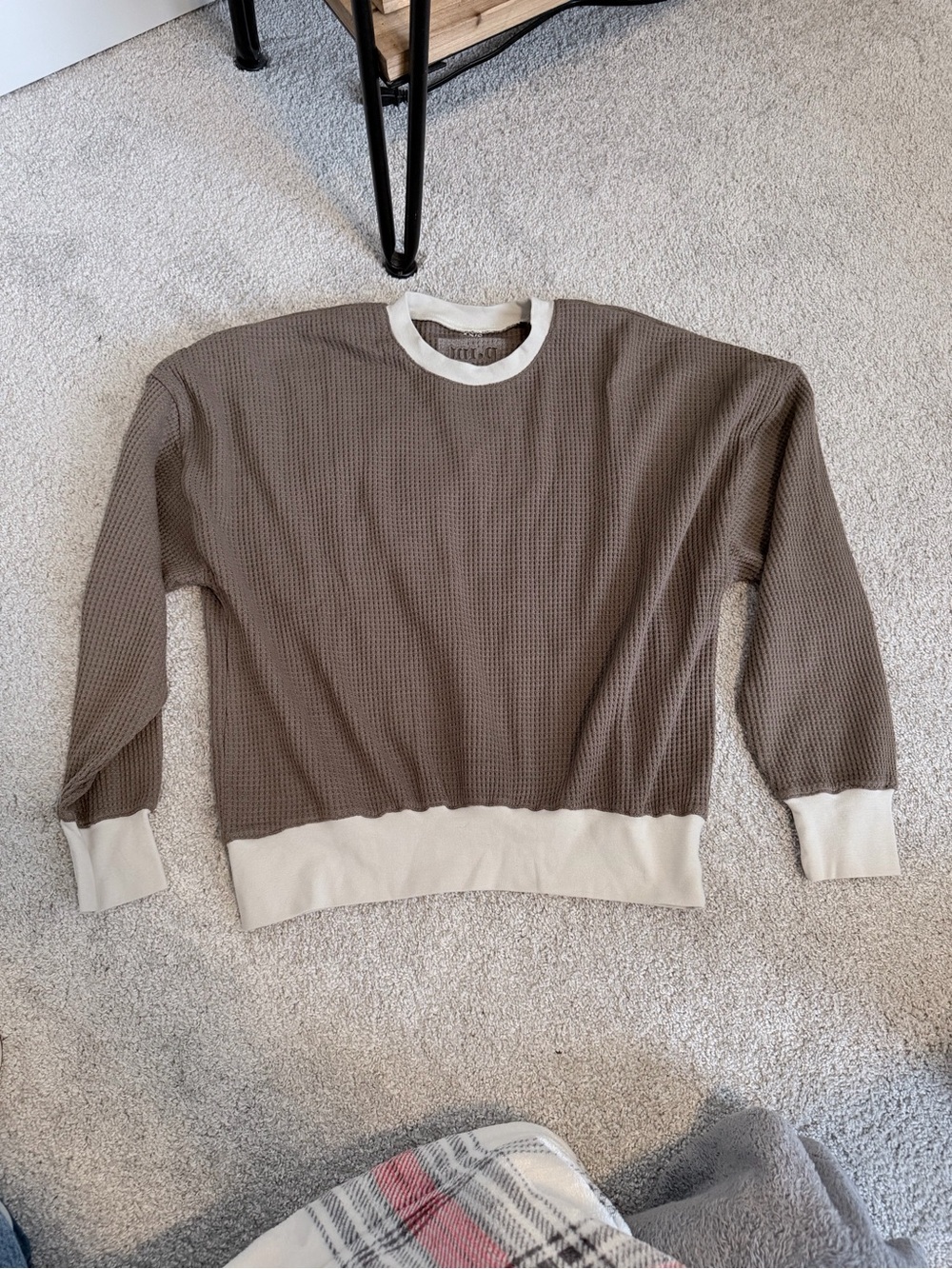 Brown Waffle-Knit Long Sleeve with Cream Trim